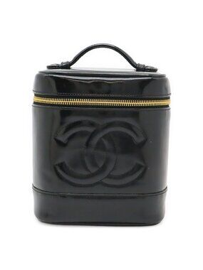 Chanel CC Logo Vanity Handbag Makeup Pouch Cosmetic Enamel Patent Leather Black
